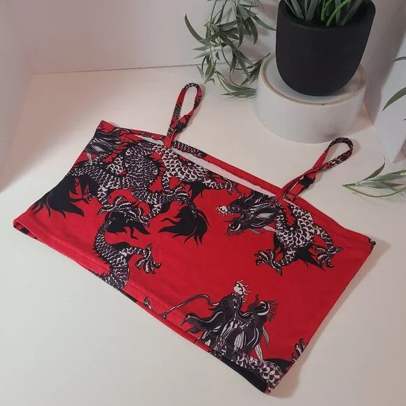 Red Dragon Print Crop Top with Non-Adjustable Straps – Size M - Picture 2 of 10